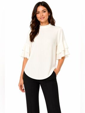 Trina Turk Aahra Ivory Flutter Sleeve Blouse - Elegant Keyhole Back Top, Size M